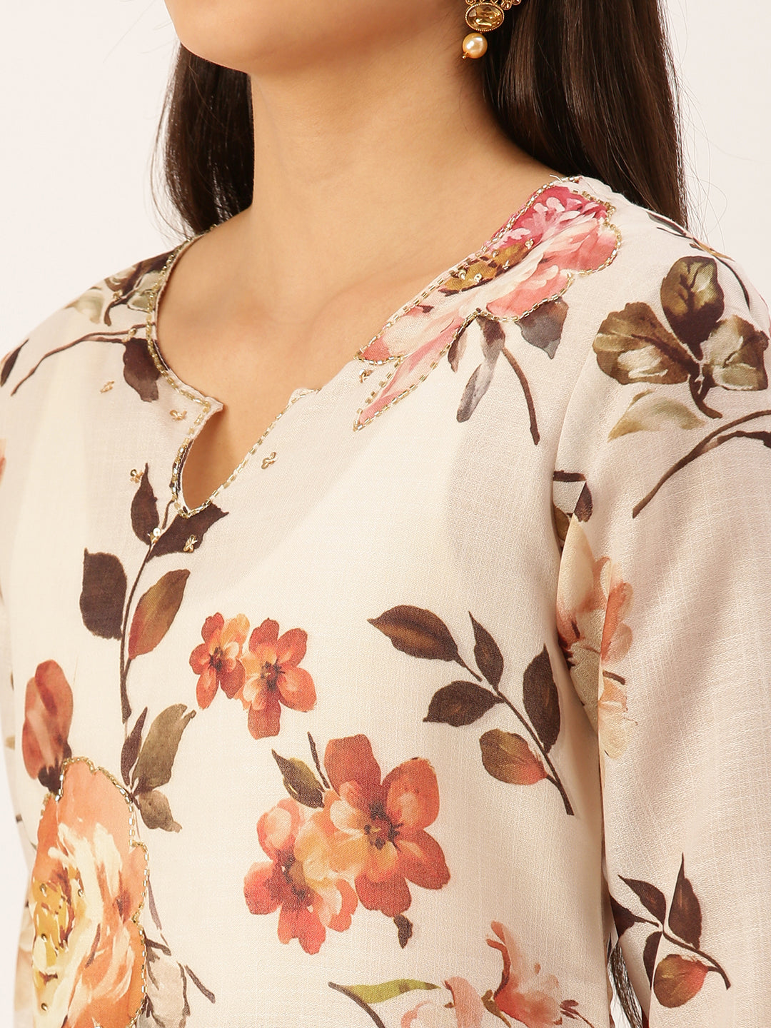 Women's Cream Floral Printed Kurta Sets with Dupatta