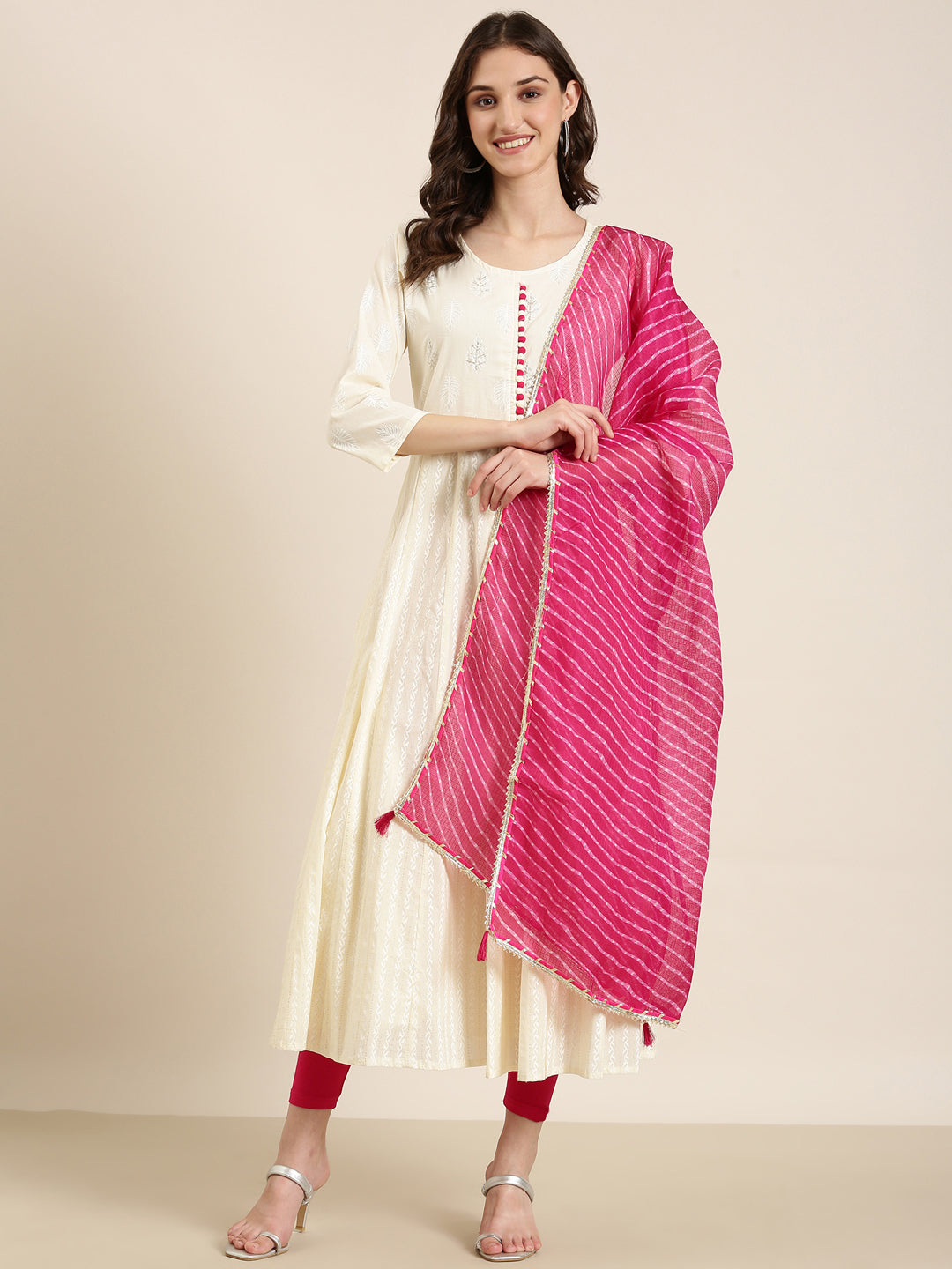 Women Cream Floral Anarkali Kurta