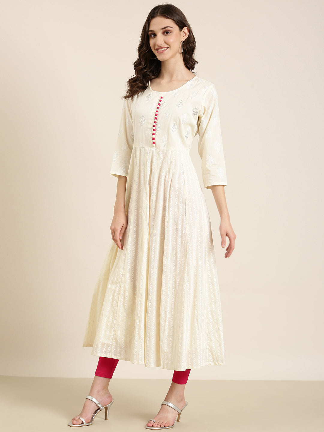 Women Cream Floral Anarkali Kurta