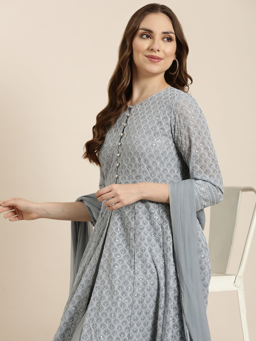 Women Anarkali Grey Embellished Kurta Comes with Dupatta & Detachable Inner Lining