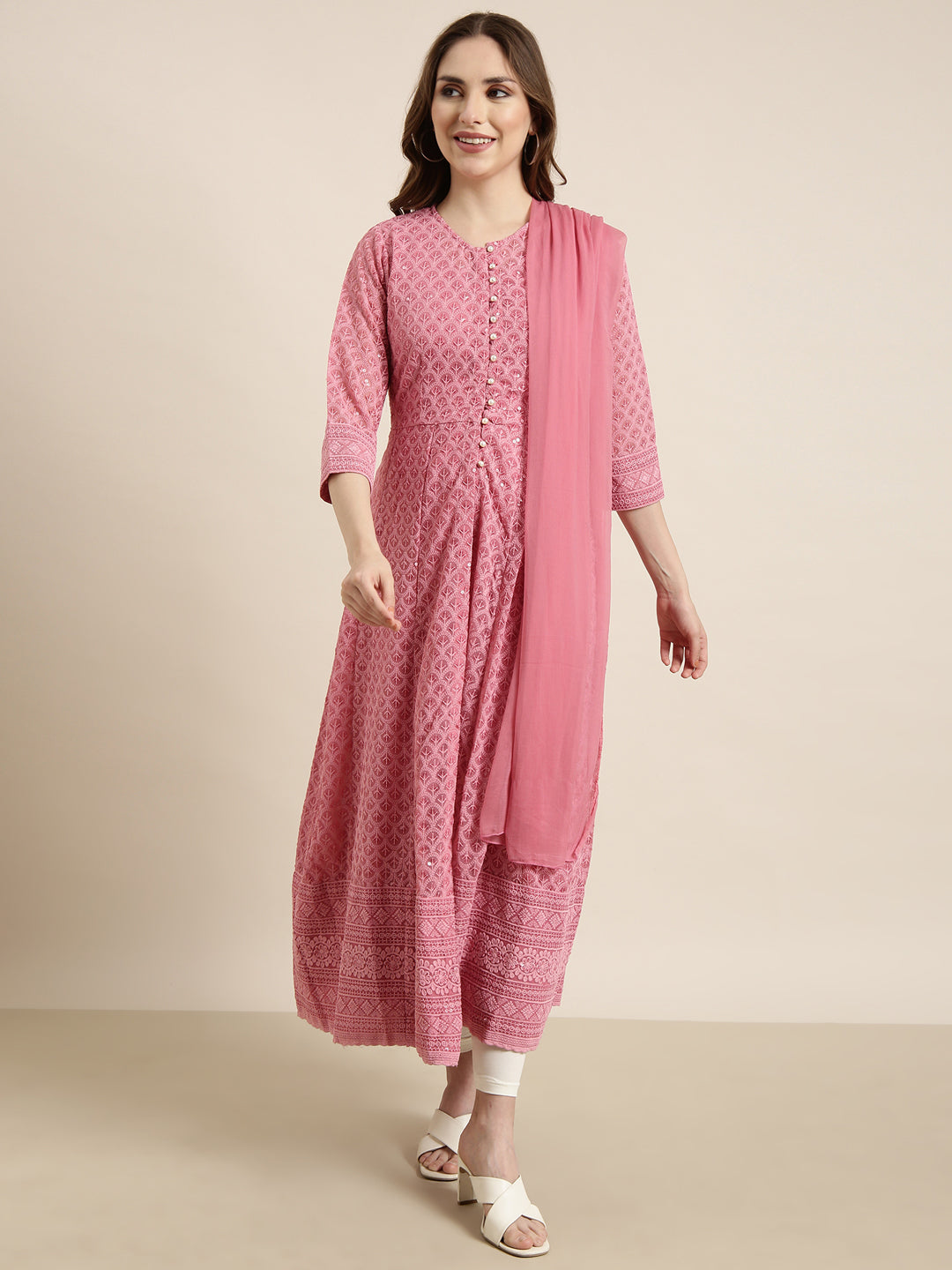 Women Anarkali Pink Embellished Kurta Comes with Dupatta & Detachable Inner Lining