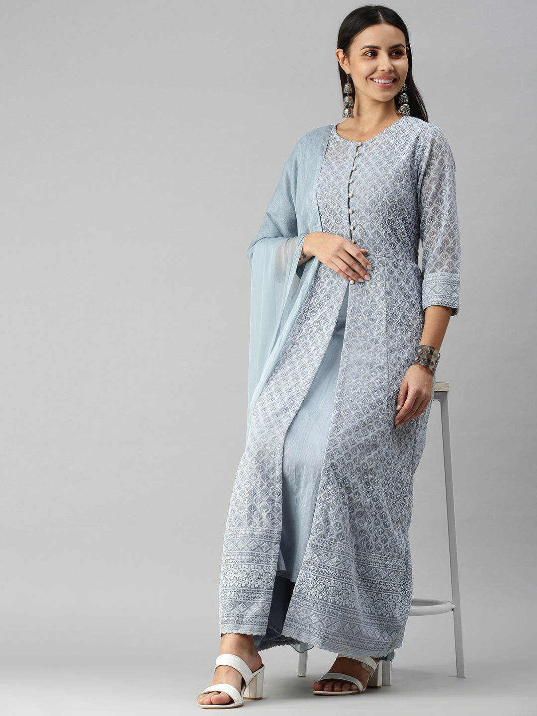 Women's Grey Embroidered Anarkali Kurta