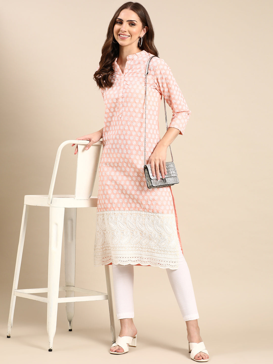 Women's Peach Embroidered Straight Kurta