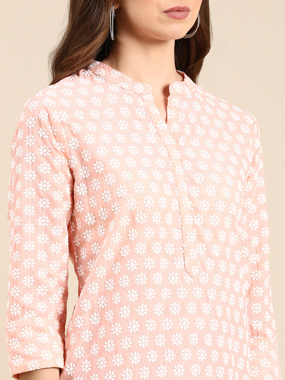 Women's Peach Embroidered Straight Kurta