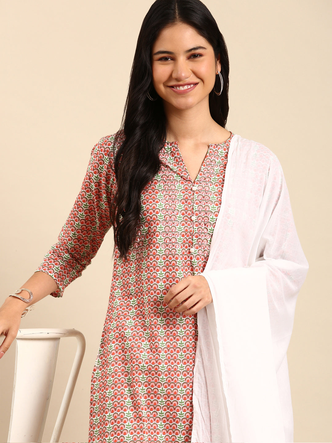 Women's Peach Printed Kurta Set