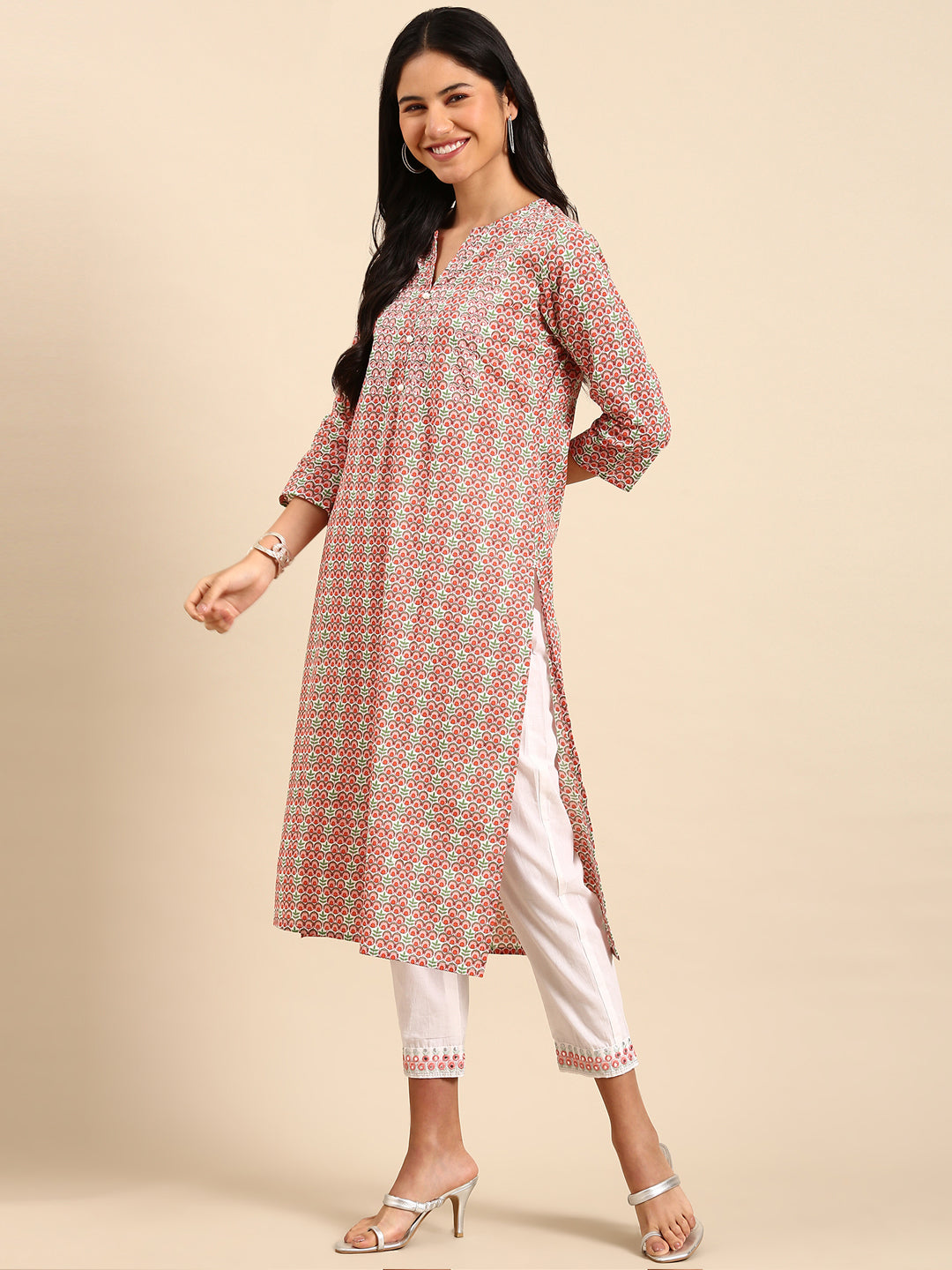 Women's Peach Printed Kurta Set