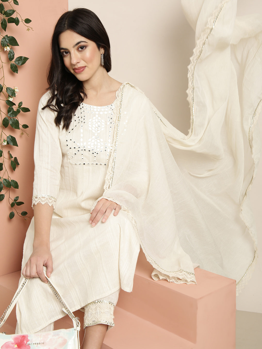 Women Straight Cream Solid Kurta and Trousers Set Comes With Dupatta