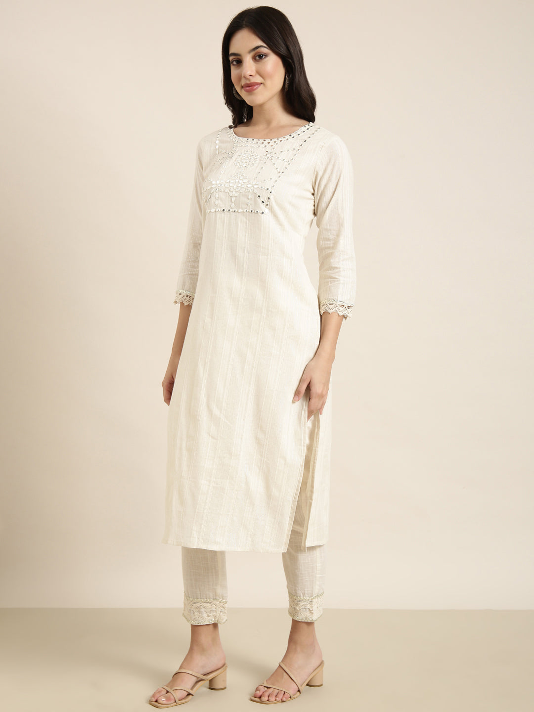 Women Straight Cream Solid Kurta and Trousers Set Comes With Dupatta