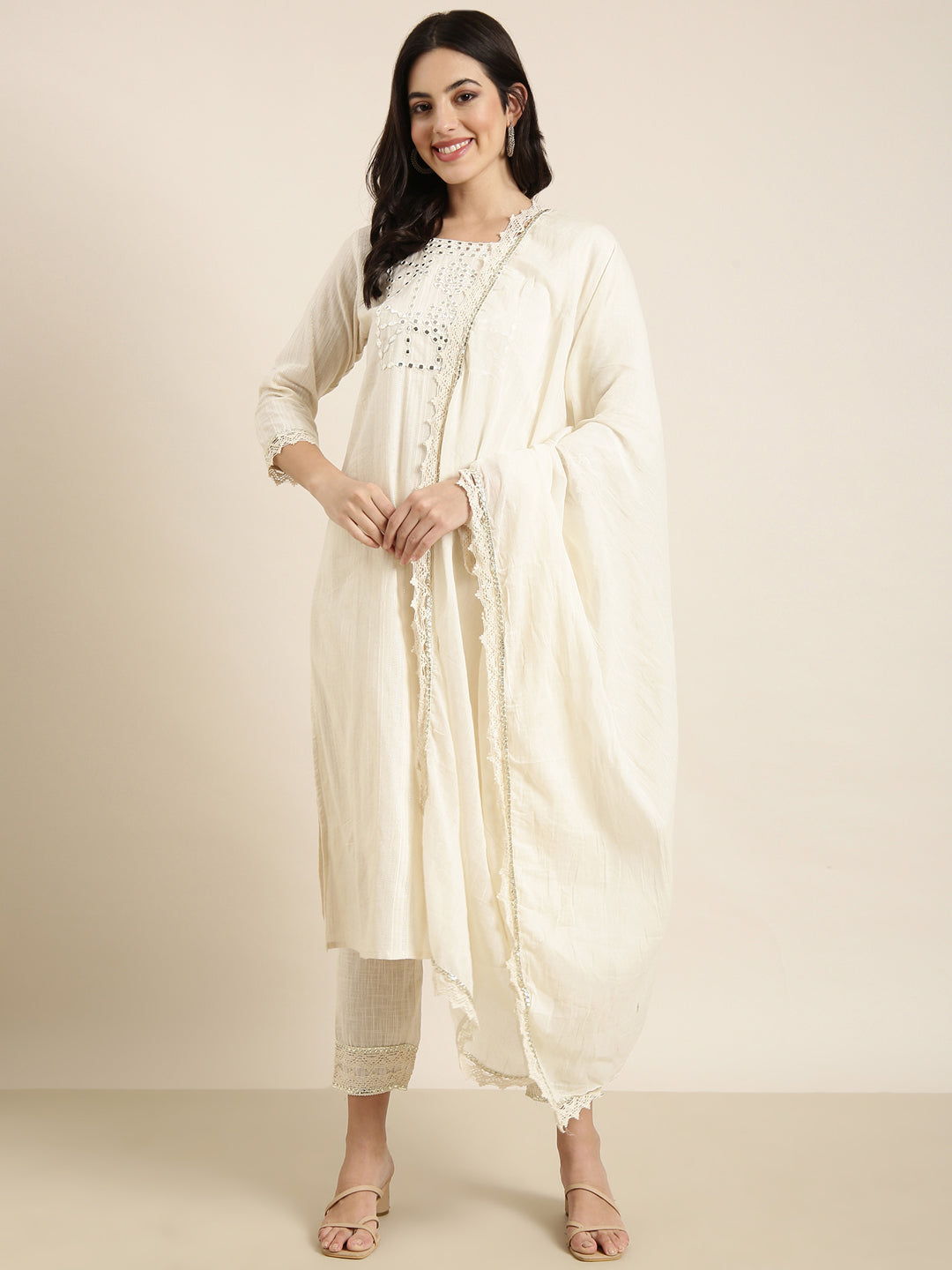 Women Straight Cream Solid Kurta and Trousers Set Comes With Dupatta