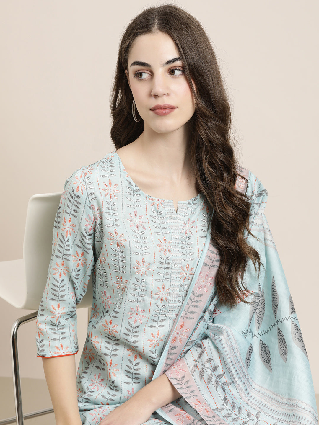 Women's Sea Green Floral Printed Sequinned Straight Kurta Set With Dupatta