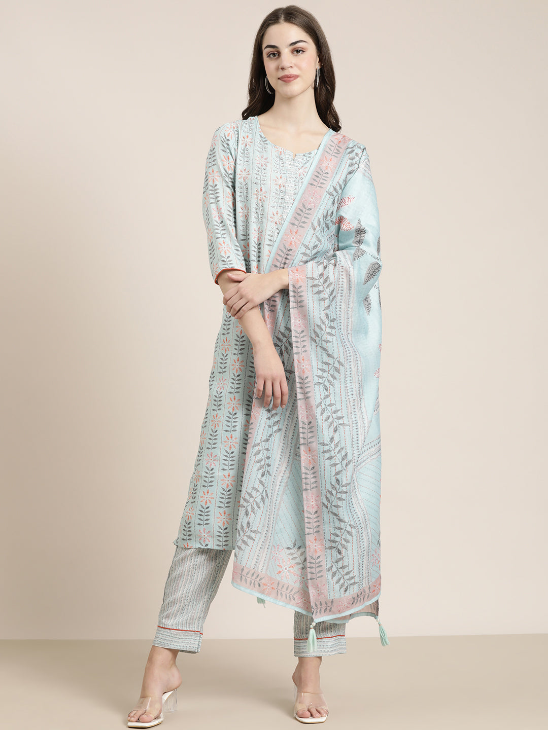 Women's Sea Green Floral Printed Sequinned Straight Kurta Set With Dupatta