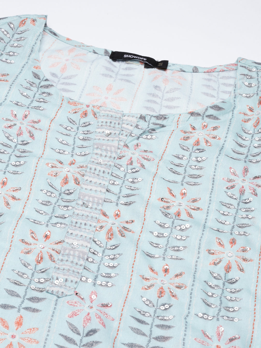 Women's Sea Green Floral Printed Sequinned Straight Kurta Set With Dupatta