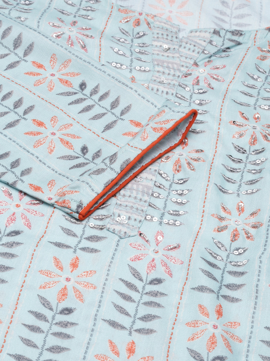 Women's Sea Green Floral Printed Sequinned Straight Kurta Set With Dupatta