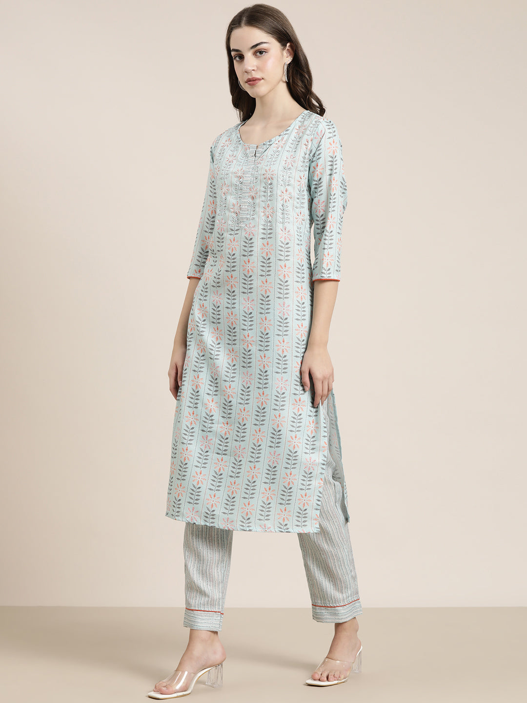 Women's Sea Green Floral Printed Sequinned Straight Kurta Set With Dupatta