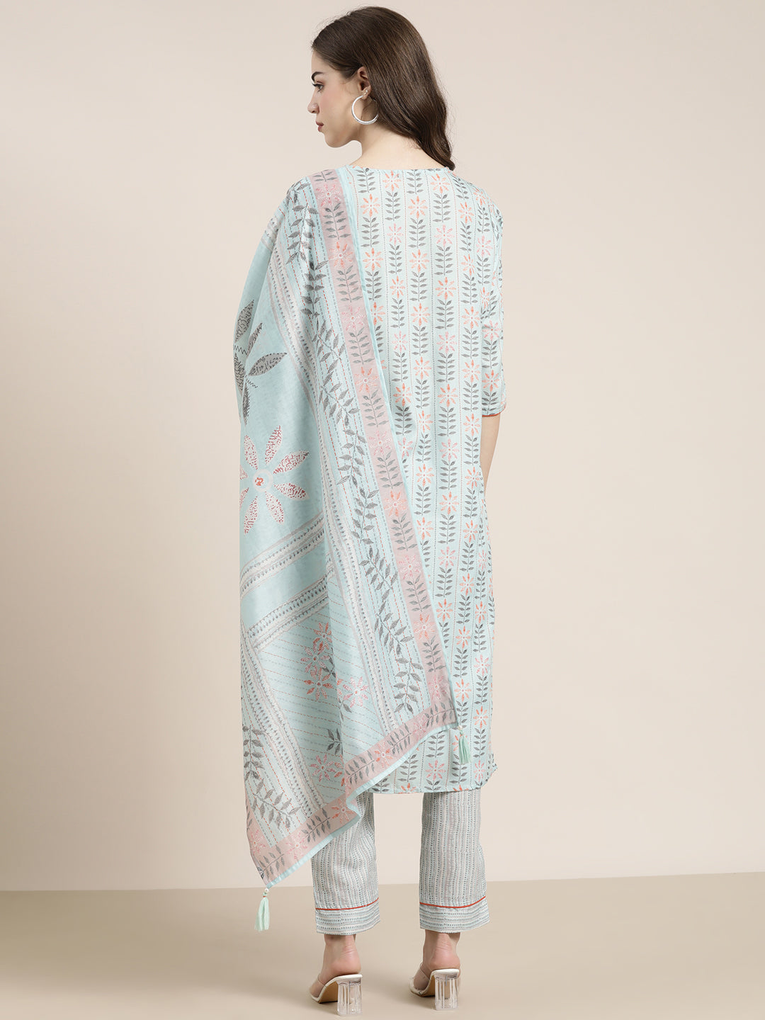 Women's Sea Green Floral Printed Sequinned Straight Kurta Set With Dupatta