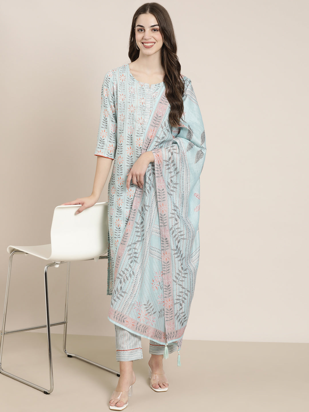 Women's Sea Green Floral Printed Sequinned Straight Kurta Set With Dupatta
