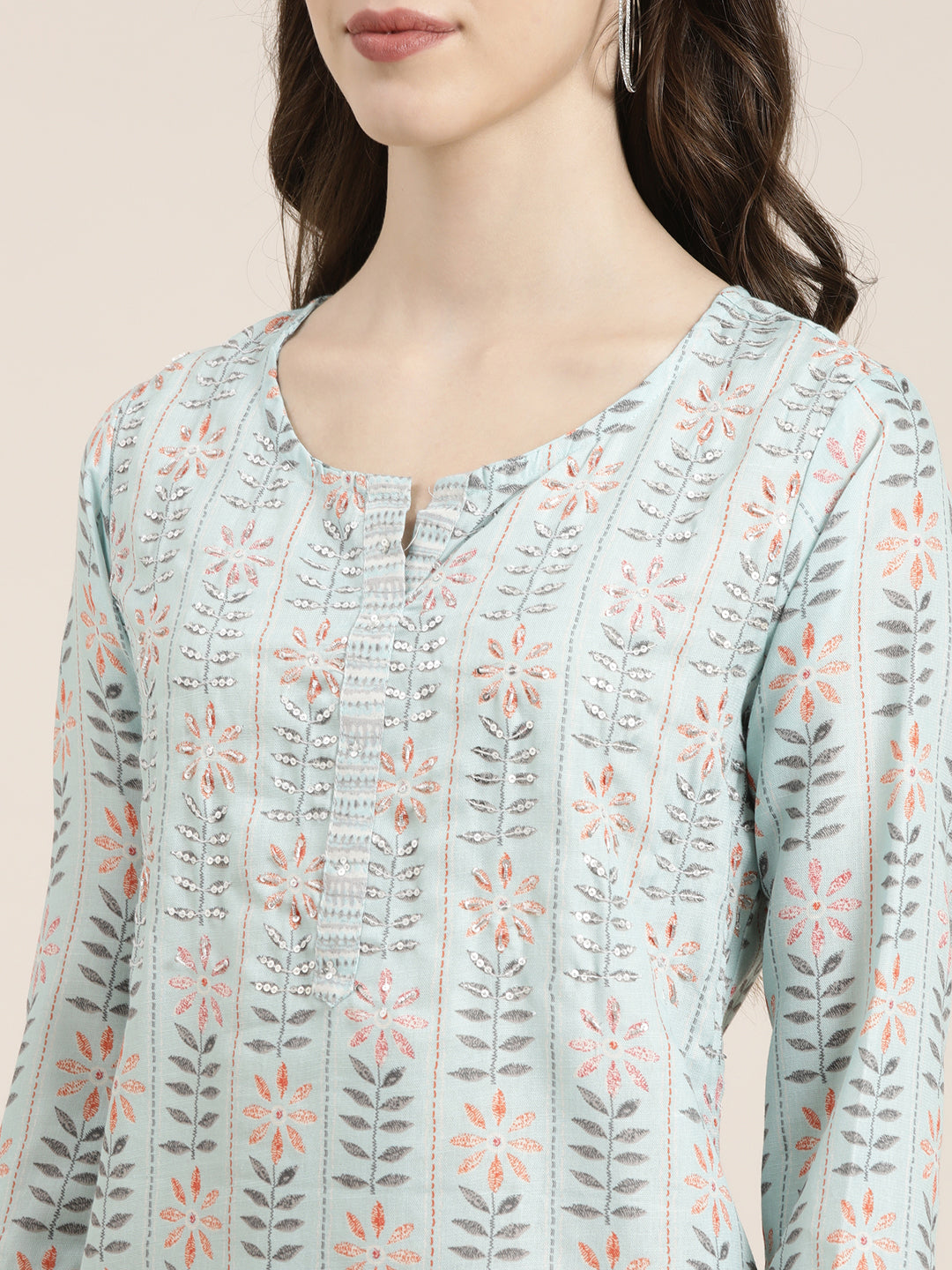 Women's Sea Green Floral Printed Sequinned Straight Kurta Set With Dupatta