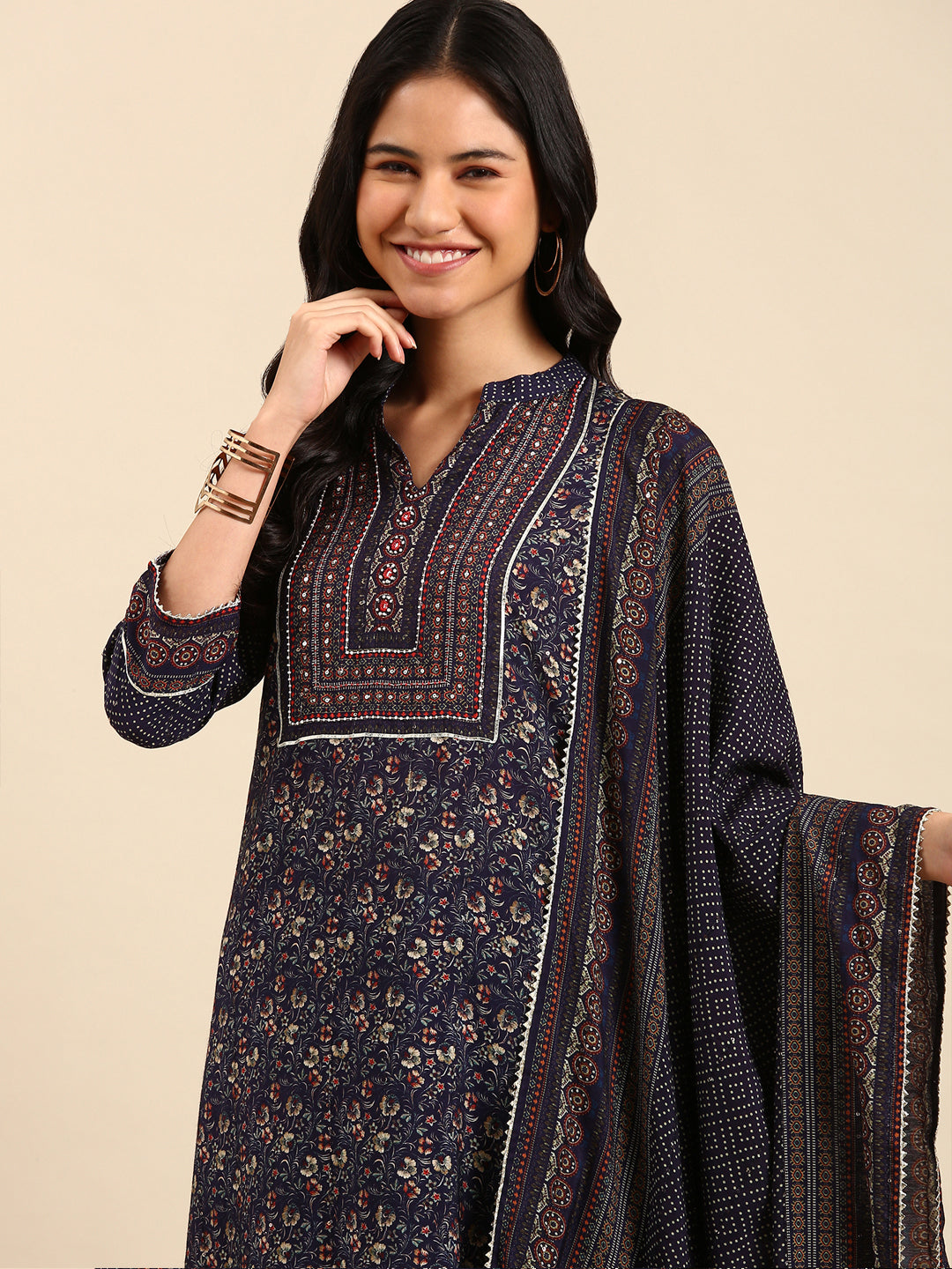 Women's Navy Blue Printed Kurta Set