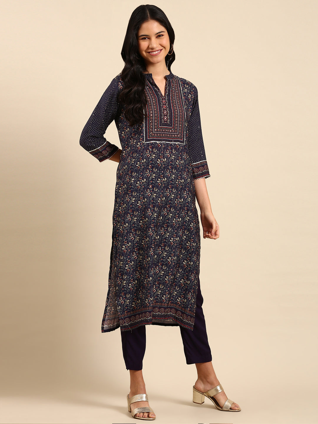 Women's Navy Blue Printed Kurta Set