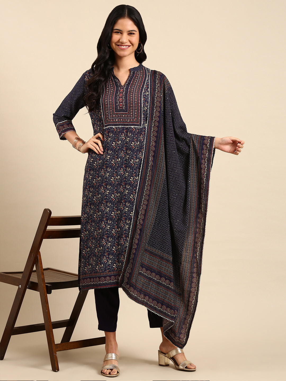 Women's Navy Blue Printed Kurta Set