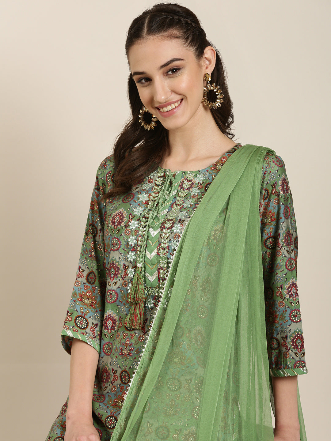 Women Green Floral Kurta Set