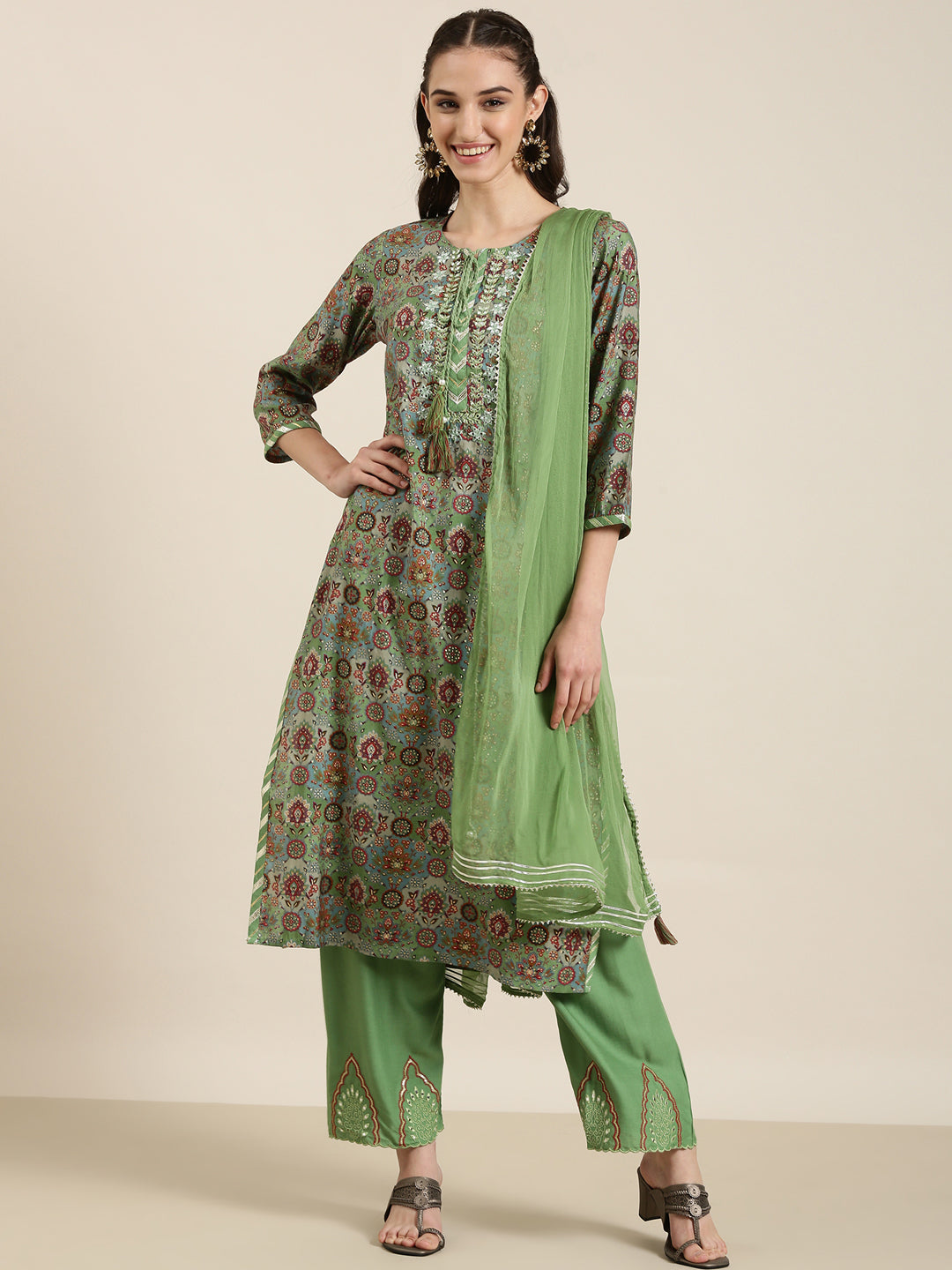 Women Green Floral Kurta Set