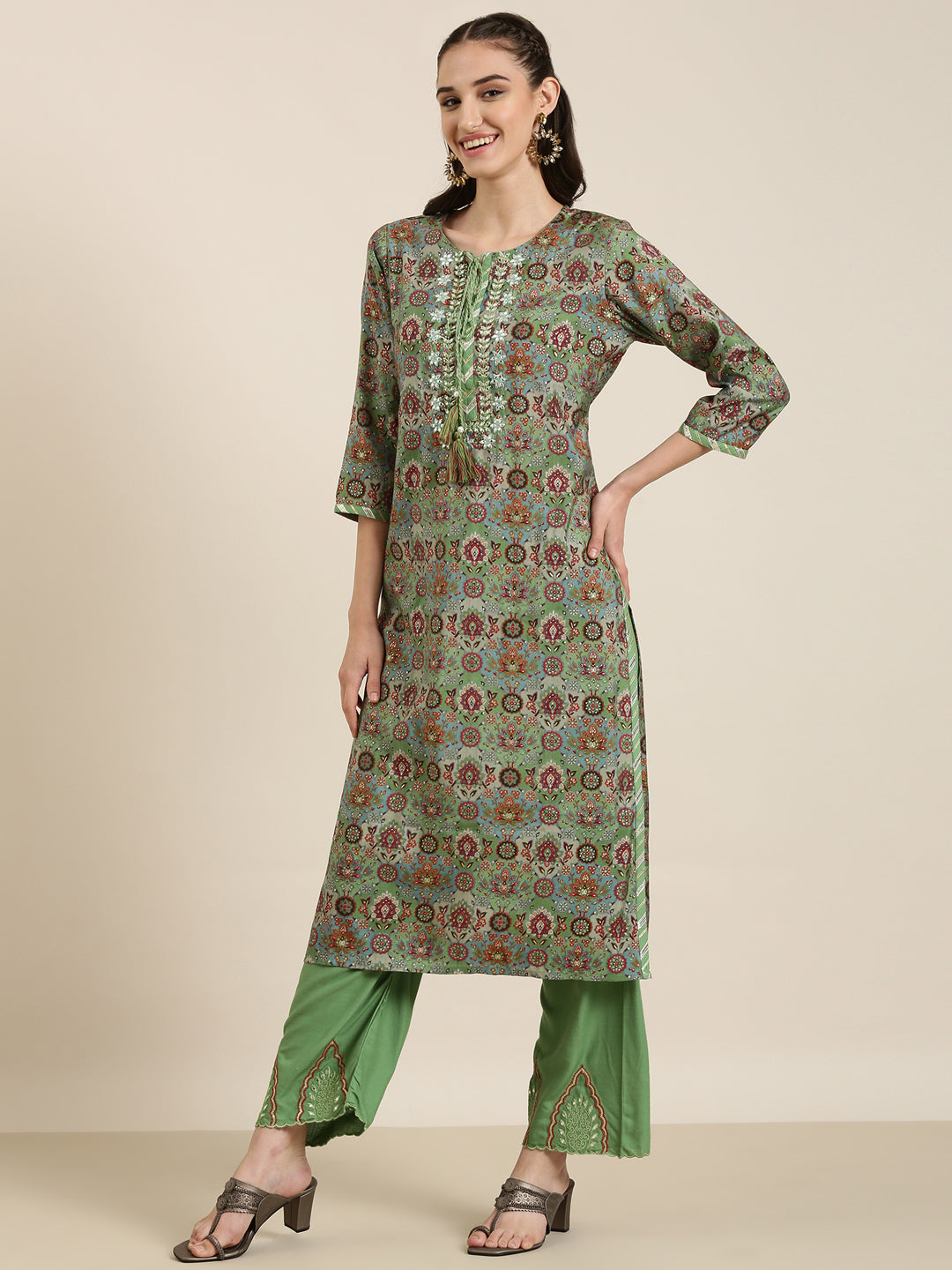 Women Green Floral Kurta Set