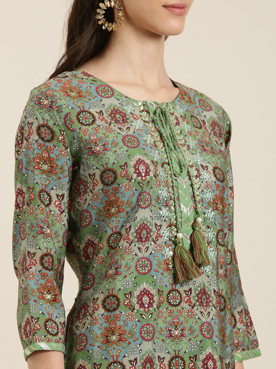 Women Green Floral Kurta Set