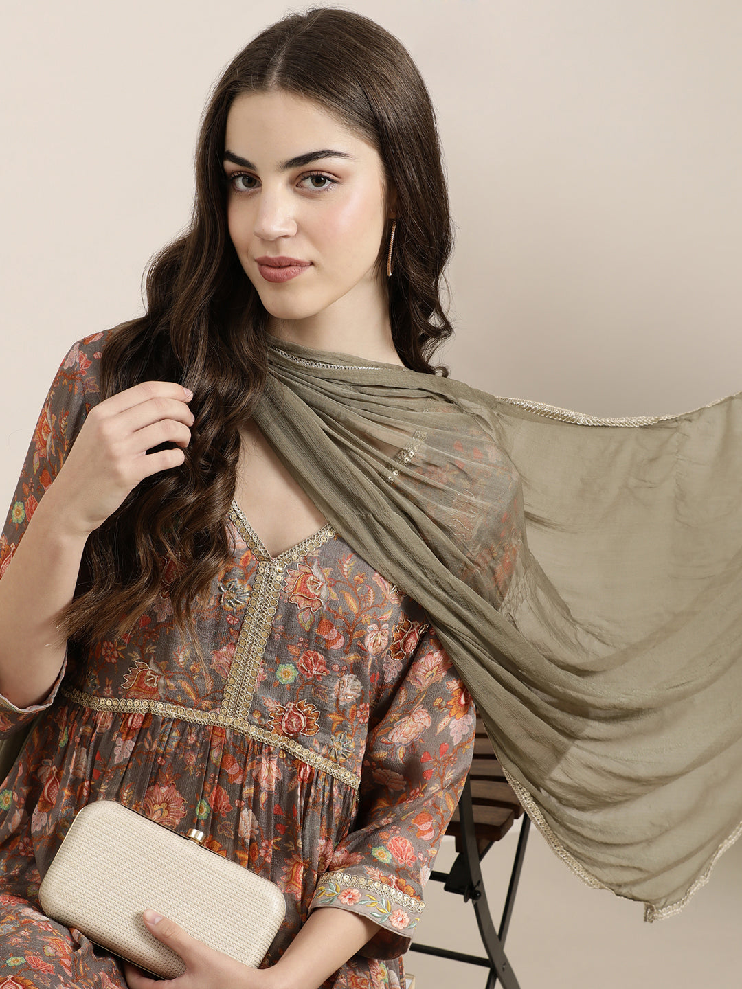 Women Taupe Floral Kurta Set