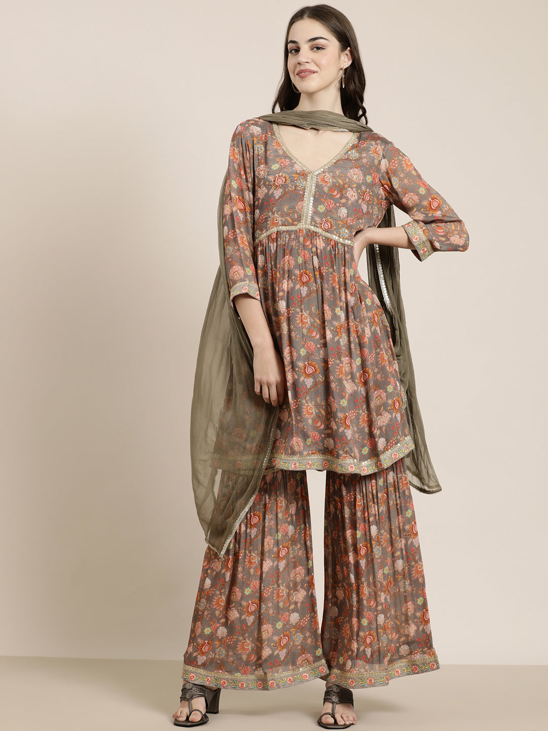 Women Taupe Floral Kurta Set