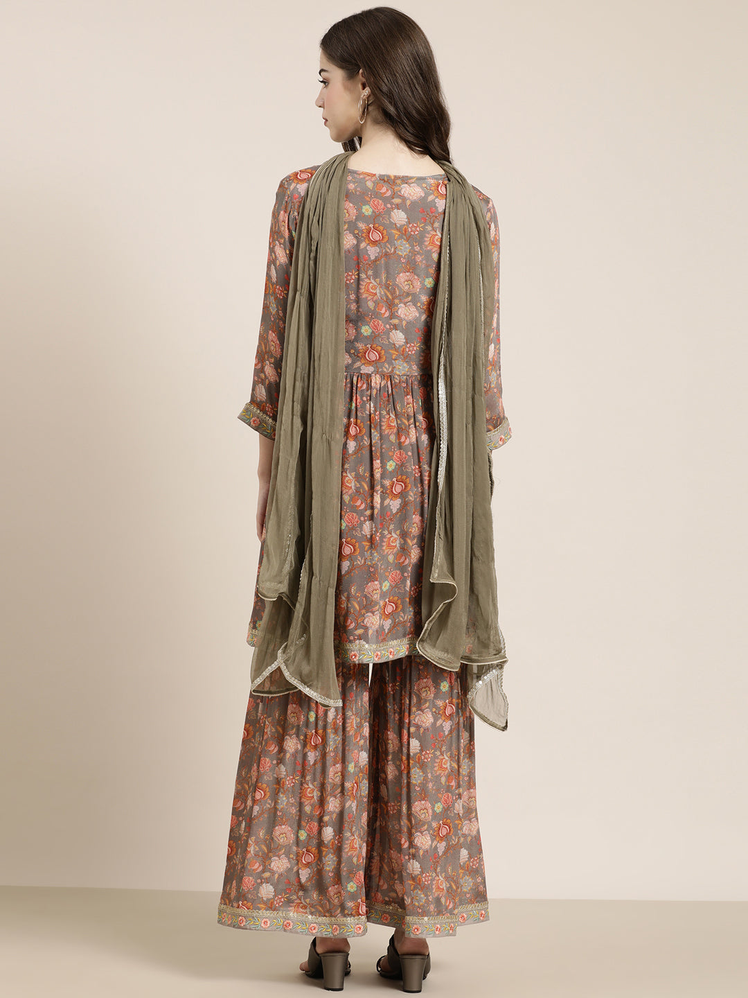 Women Taupe Floral Kurta Set