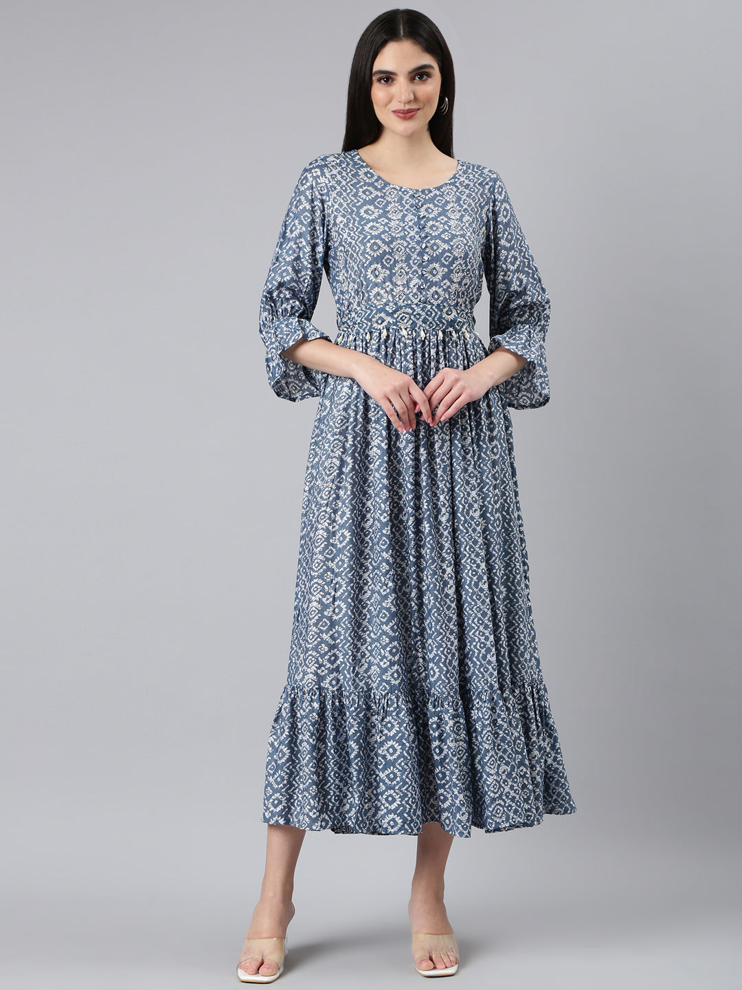 Women Grey Printed Fit and Flare Dress