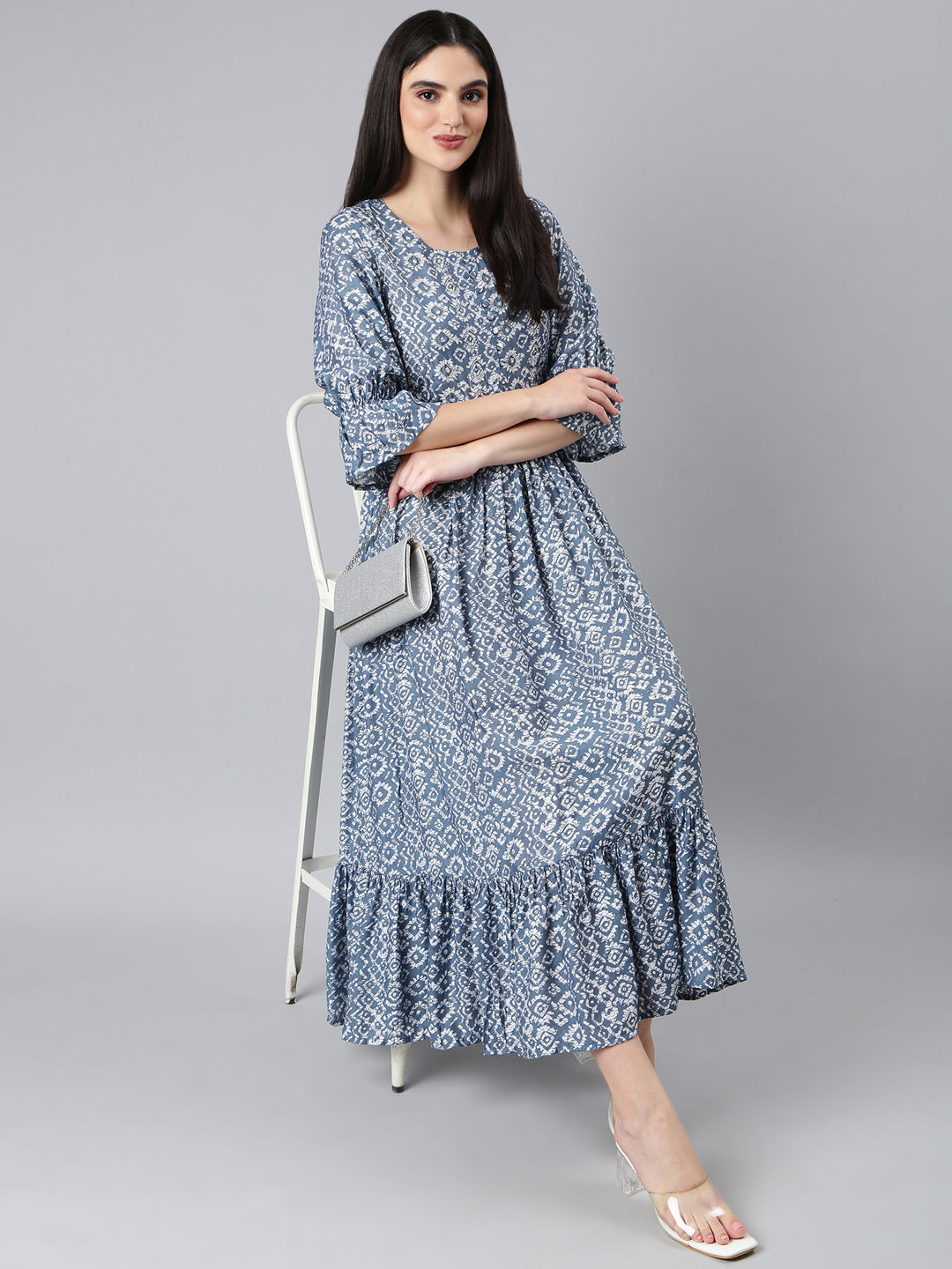 Women Grey Printed Fit and Flare Dress