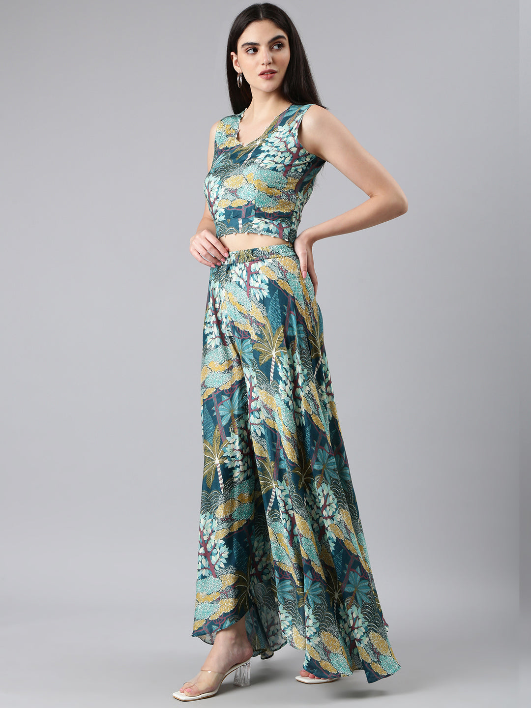 Women's Teal Printed Kurta Set With Jacket