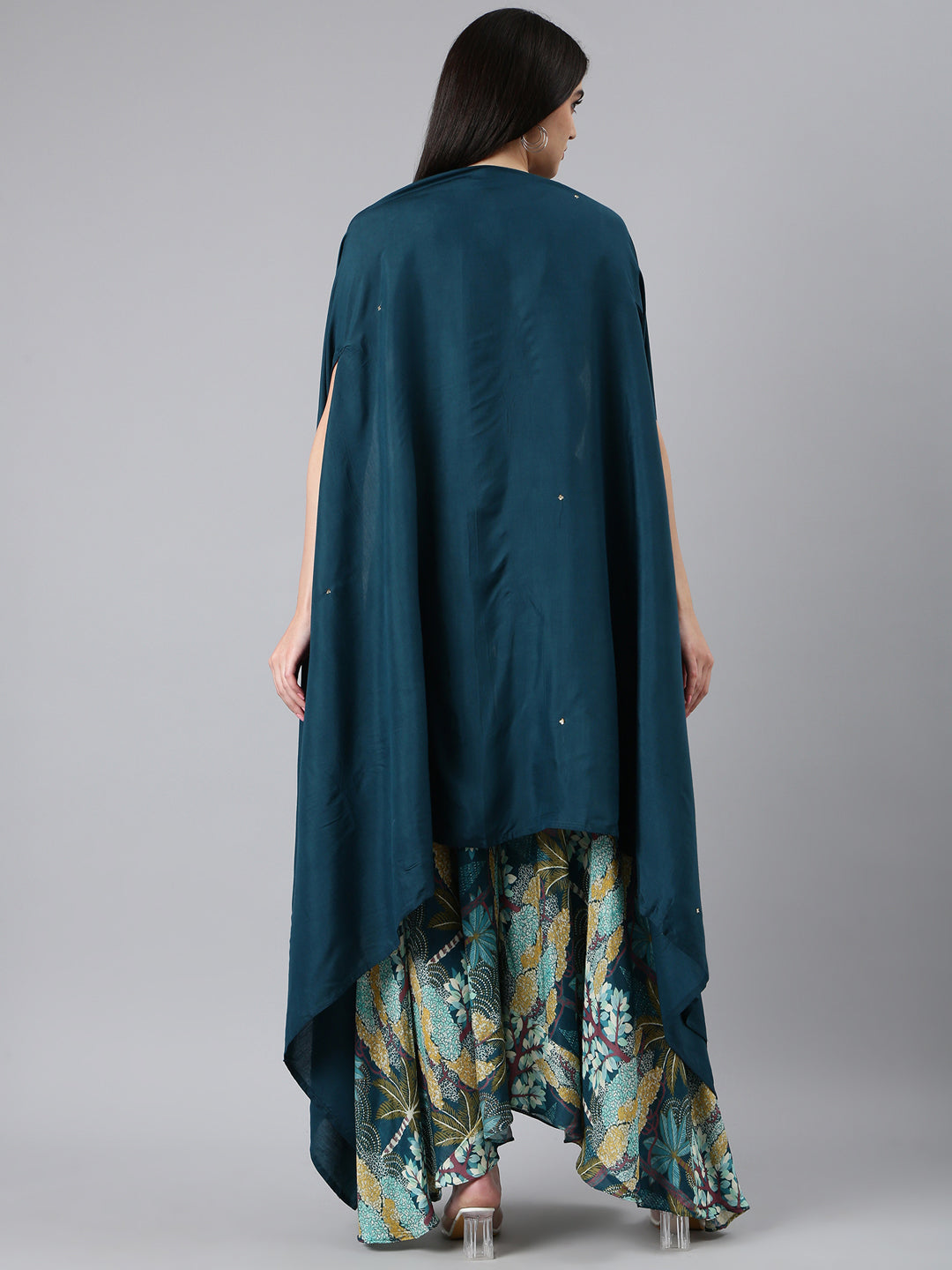 Women's Teal Printed Kurta Set With Jacket