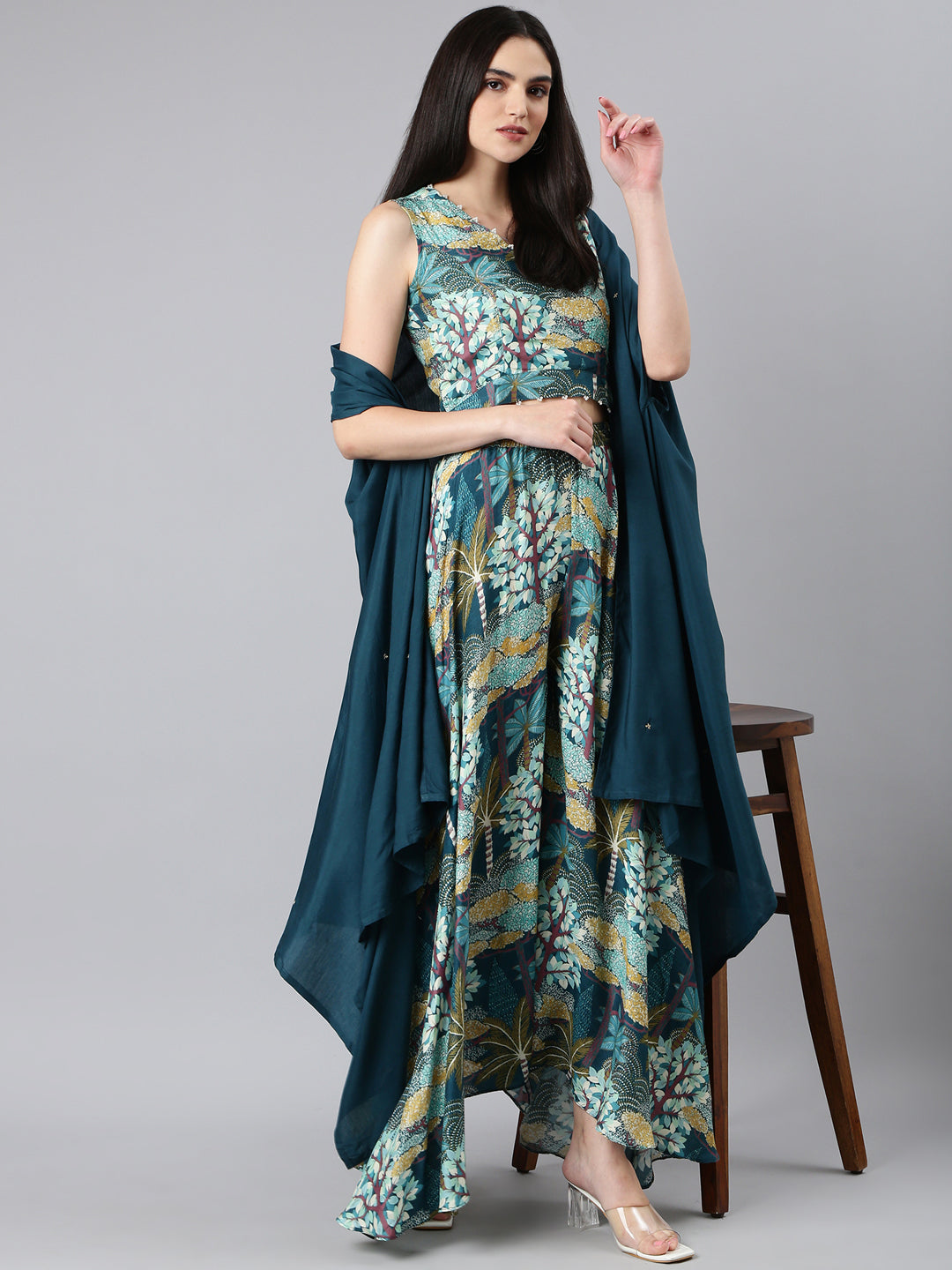 Women's Teal Printed Kurta Set With Jacket