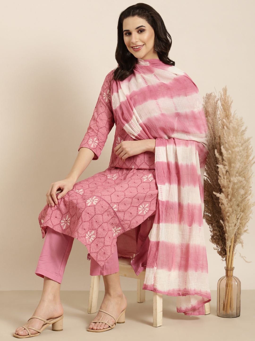 Women Straight Pink Woven Design Kurta and Trousers Set Comes With Dupatta