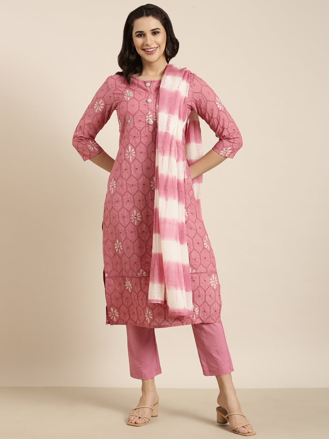 Women Straight Pink Woven Design Kurta and Trousers Set Comes With Dupatta