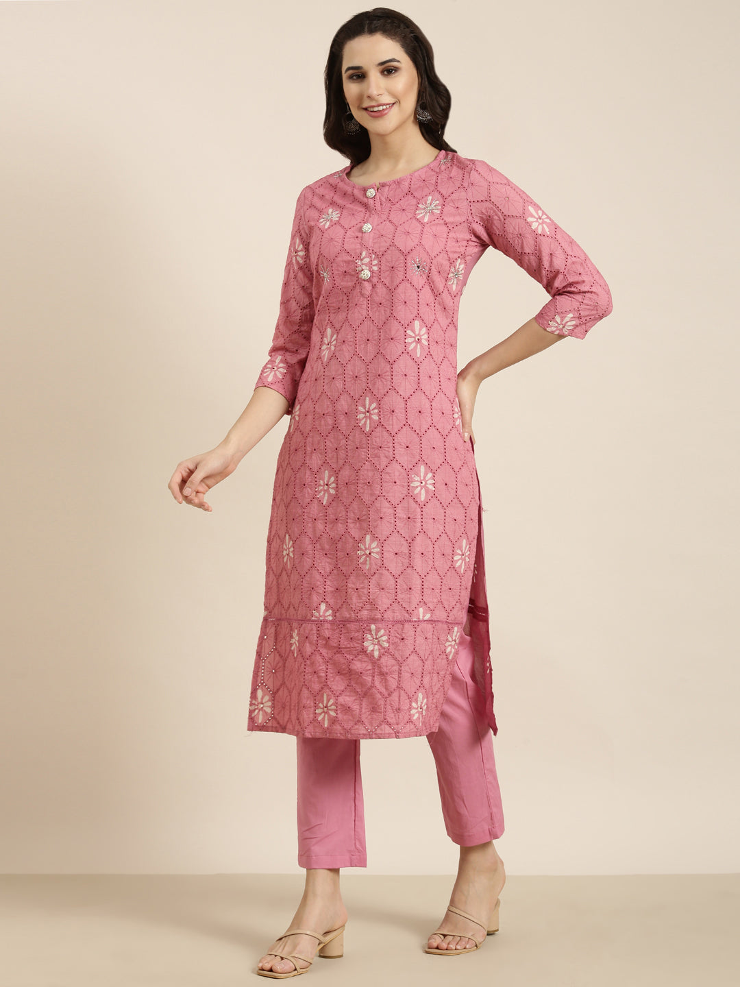 Women Straight Pink Woven Design Kurta and Trousers Set Comes With Dupatta