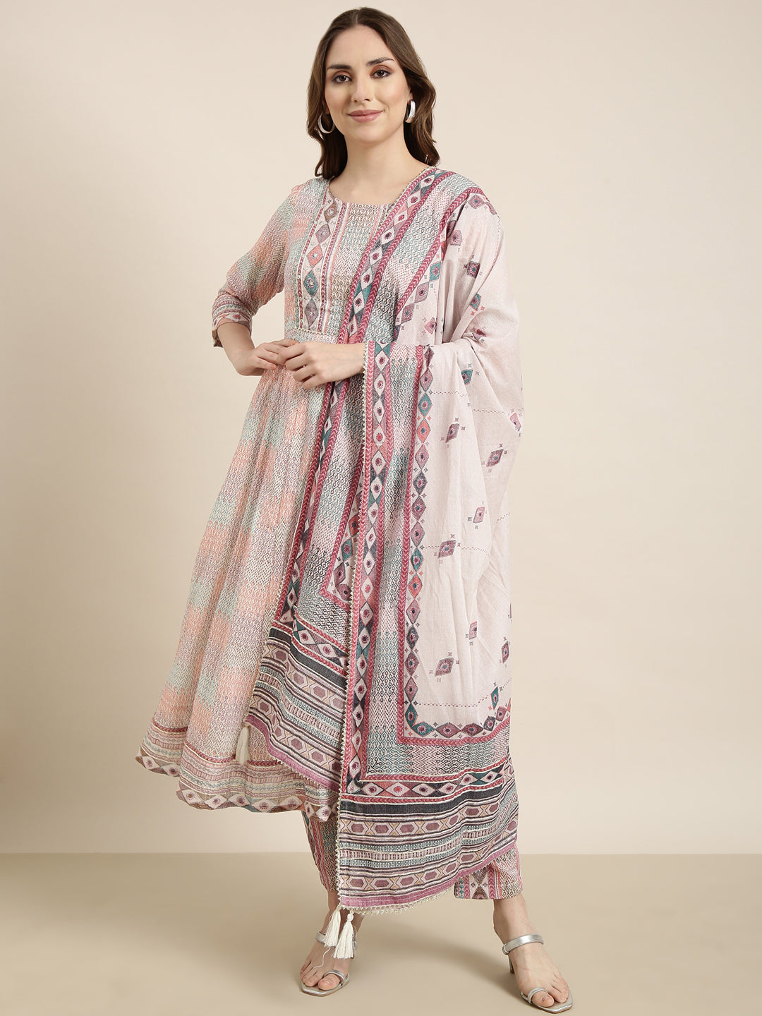 Women Anarkali Multi Geometric Kurta and Trousers Set Comes With Dupatta