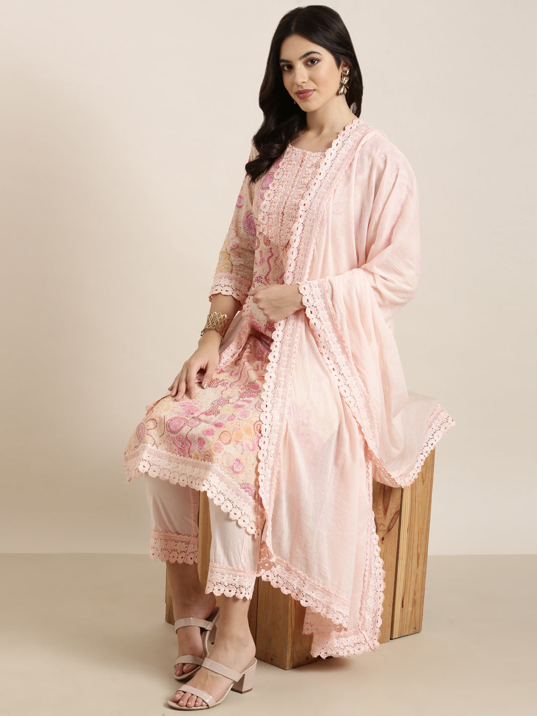 Women Straight Peach Floral Kurta and Trousers Set Comes With Dupatta