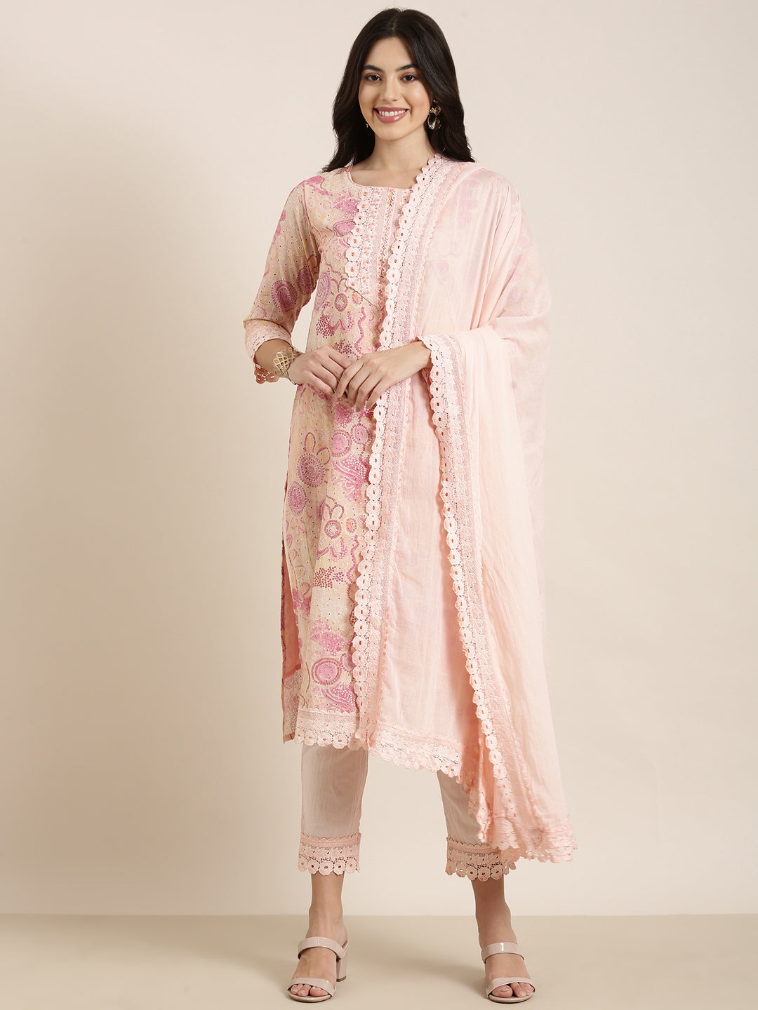 Women Straight Peach Floral Kurta and Trousers Set Comes With Dupatta