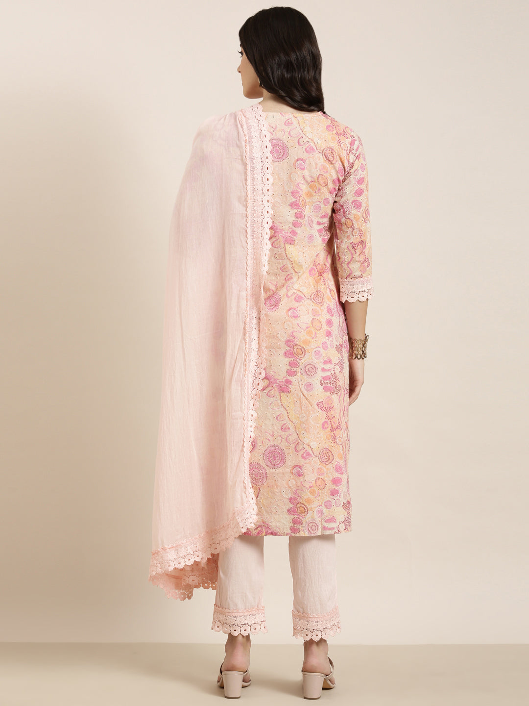 Women Straight Peach Floral Kurta and Trousers Set Comes With Dupatta