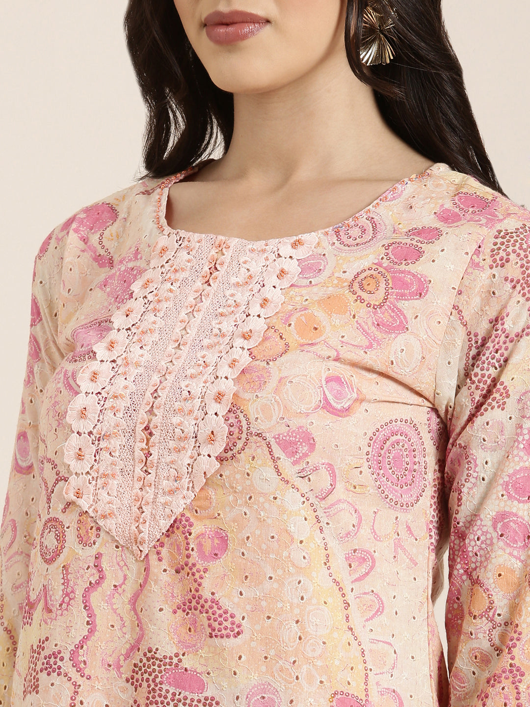 Women Straight Peach Floral Kurta and Trousers Set Comes With Dupatta