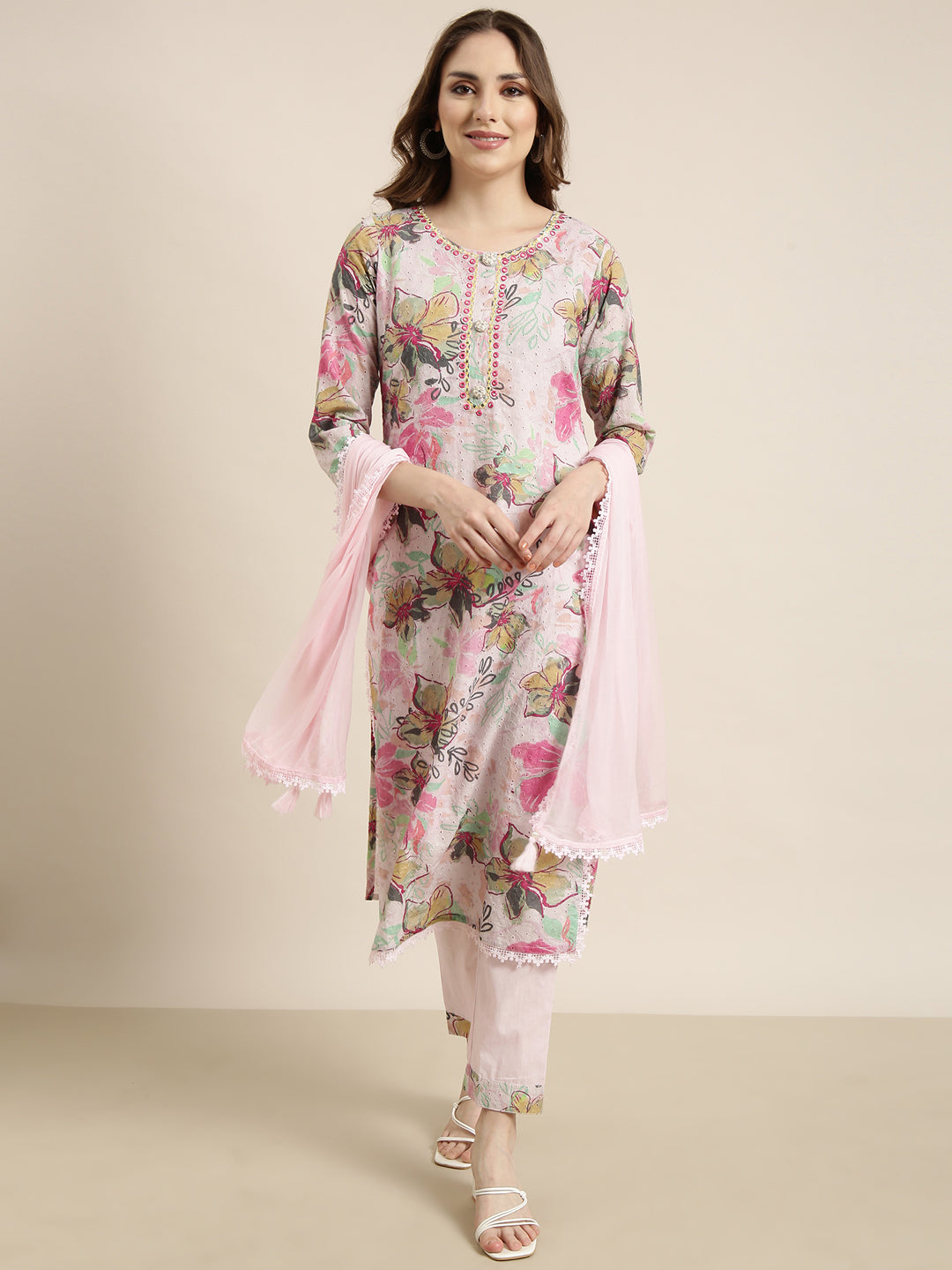 Women Straight Pink Solid Kurta and Trousers Set Comes With Dupatta