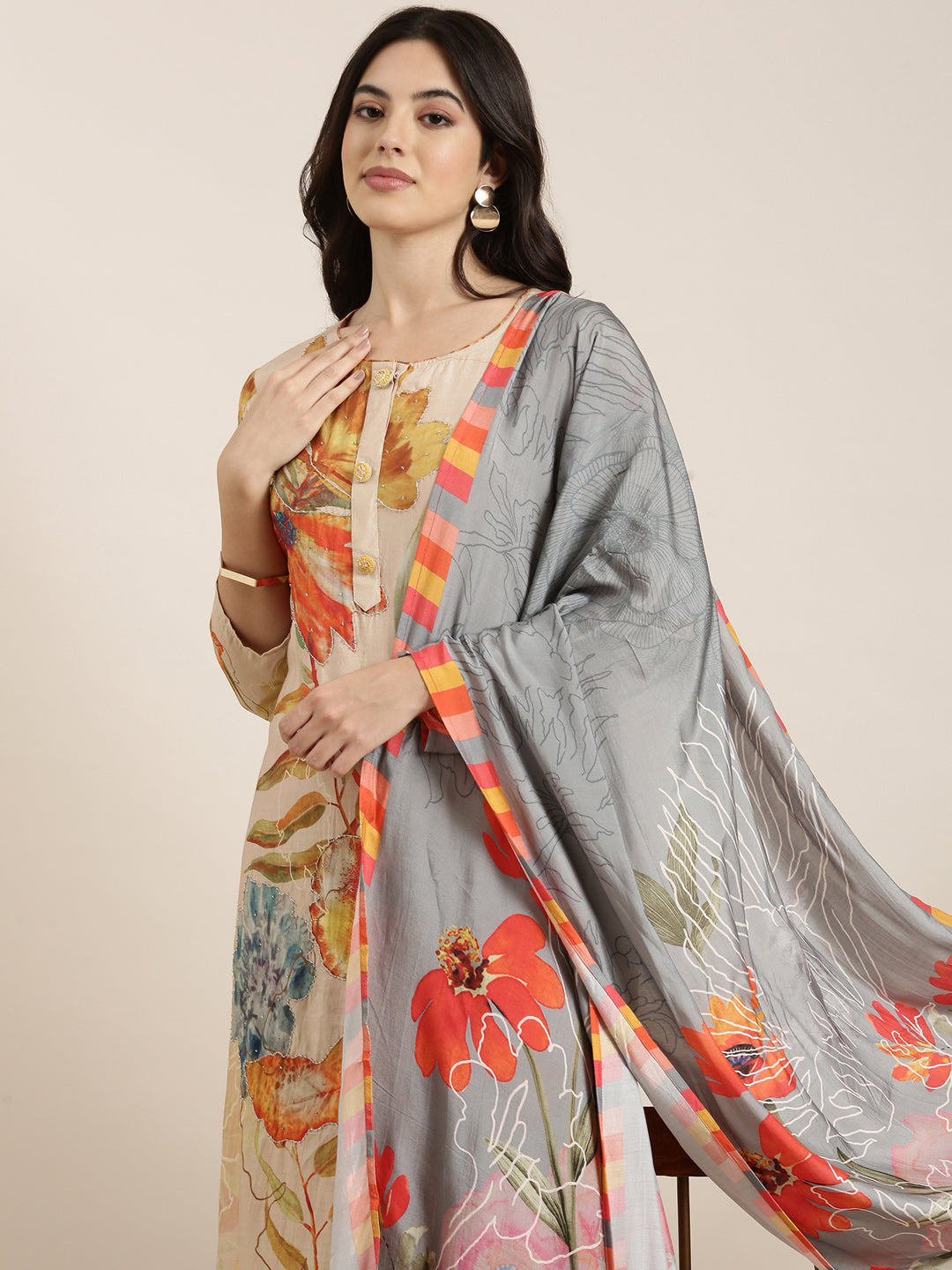 Women Straight Beige Floral Kurta and Trousers Set Comes With Dupatta