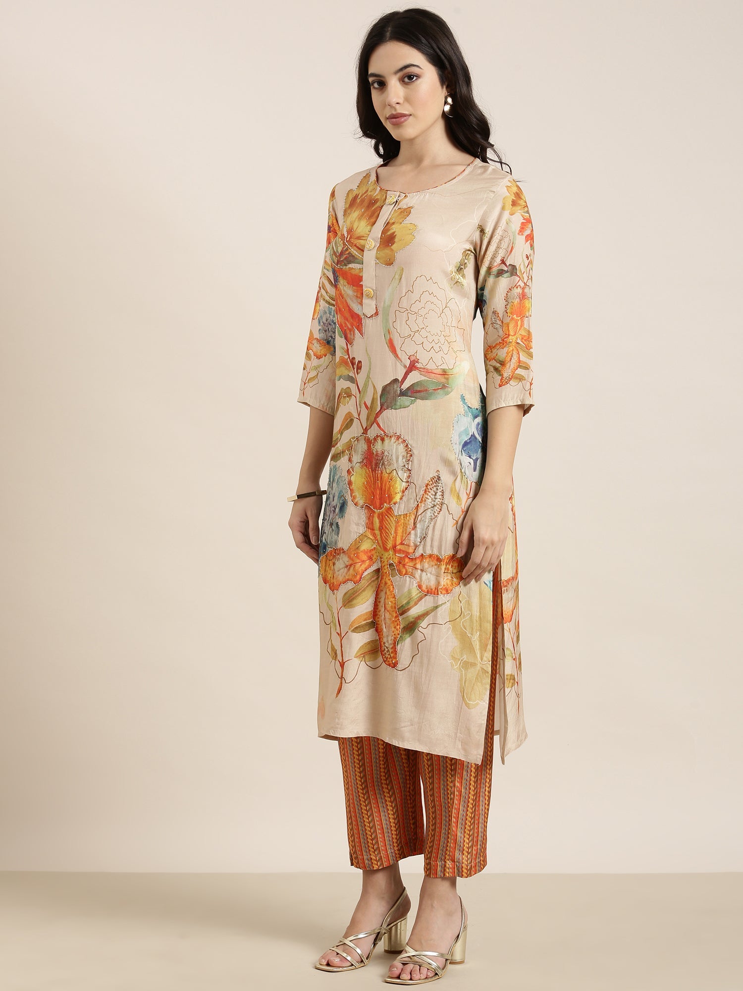 Women Straight Beige Floral Kurta and Trousers Set Comes With Dupatta