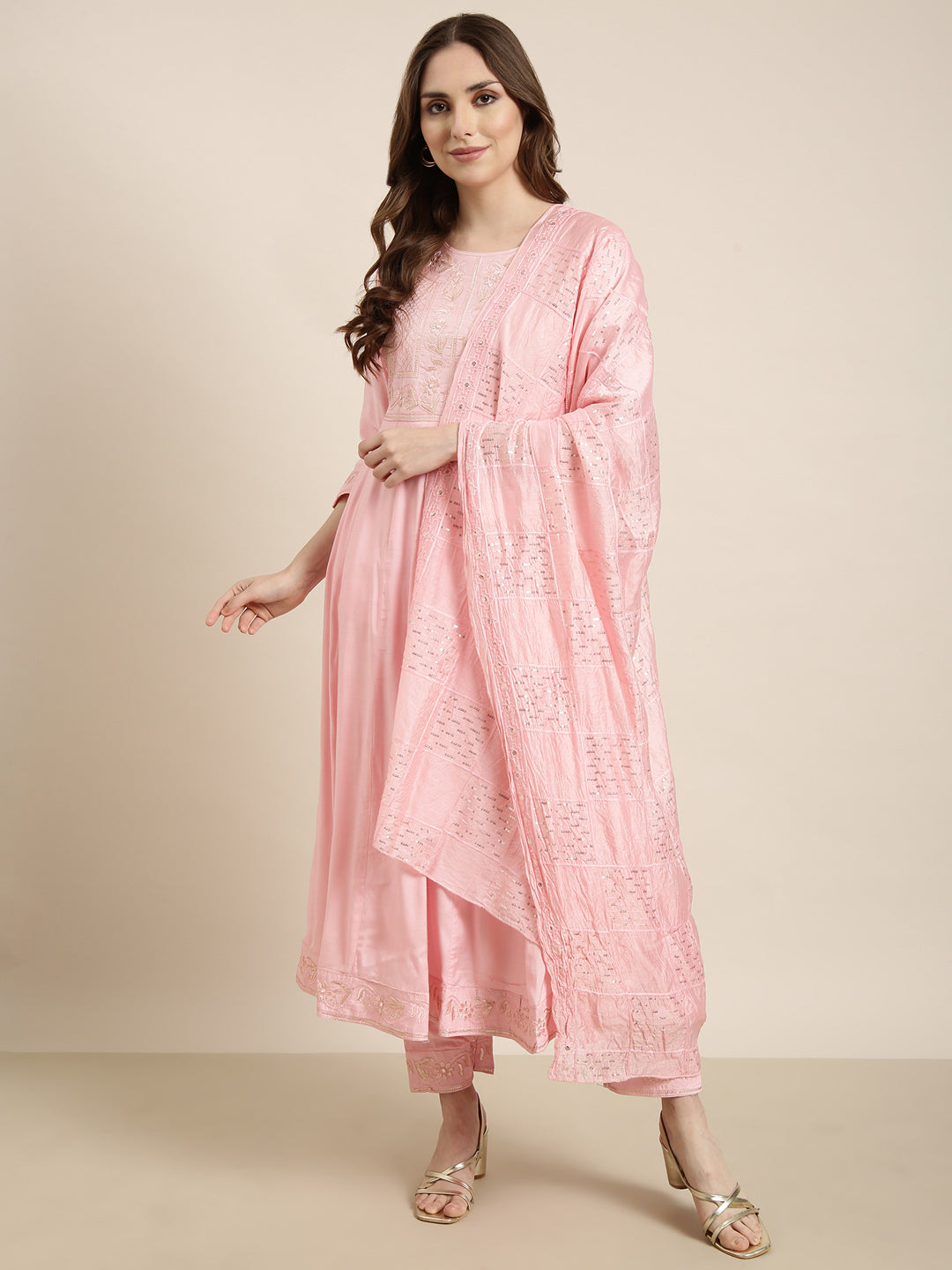 Women Anarkali Pink Solid Kurta and Trousers Set Comes With Dupatta