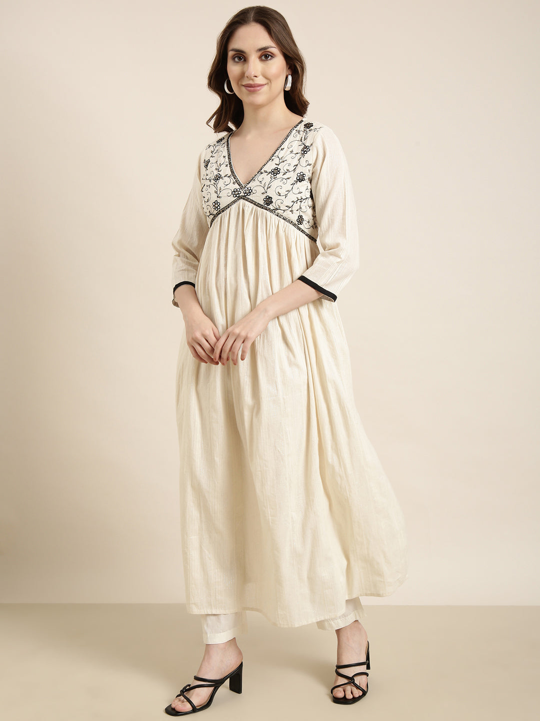 Women Anarkali Cream Woven Design Kurta and Trousers Set Comes With Dupatta