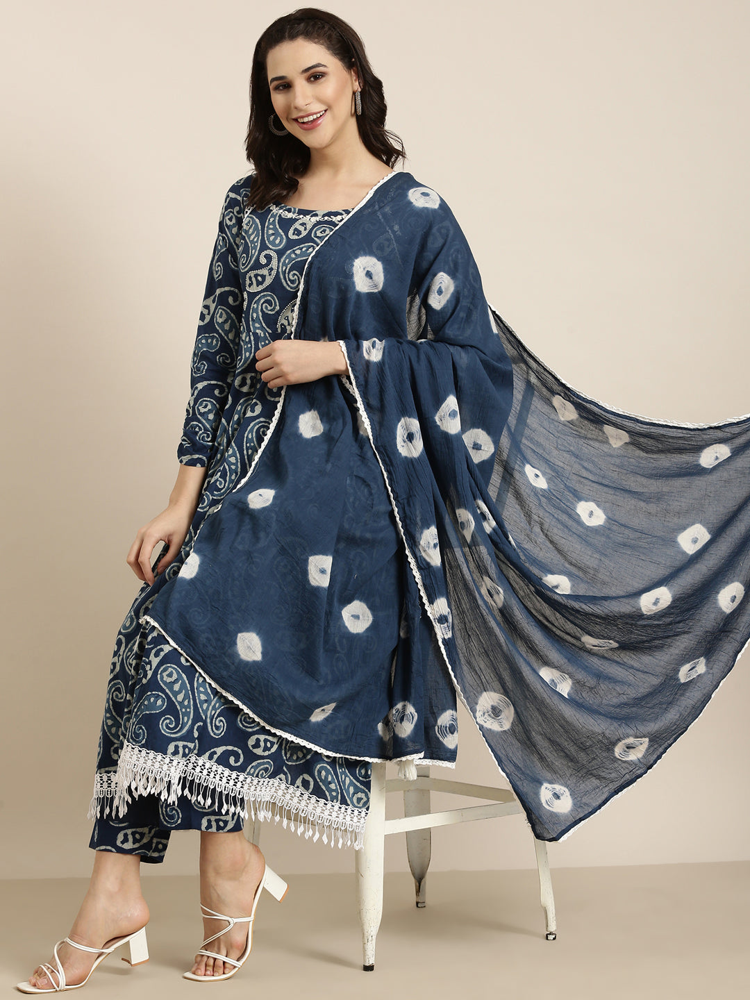 Women Anarkali Navy Blue Paisley Kurta and Trousers Set Comes With Dupatta